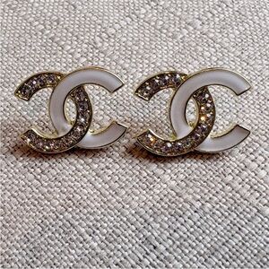CHANEL White Enamel and Gold Logo Crystal Stud Earrings